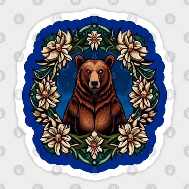 A Brown Bear Surrounded By Bitterroot Montana State Tattoo Art Sticker by taiche